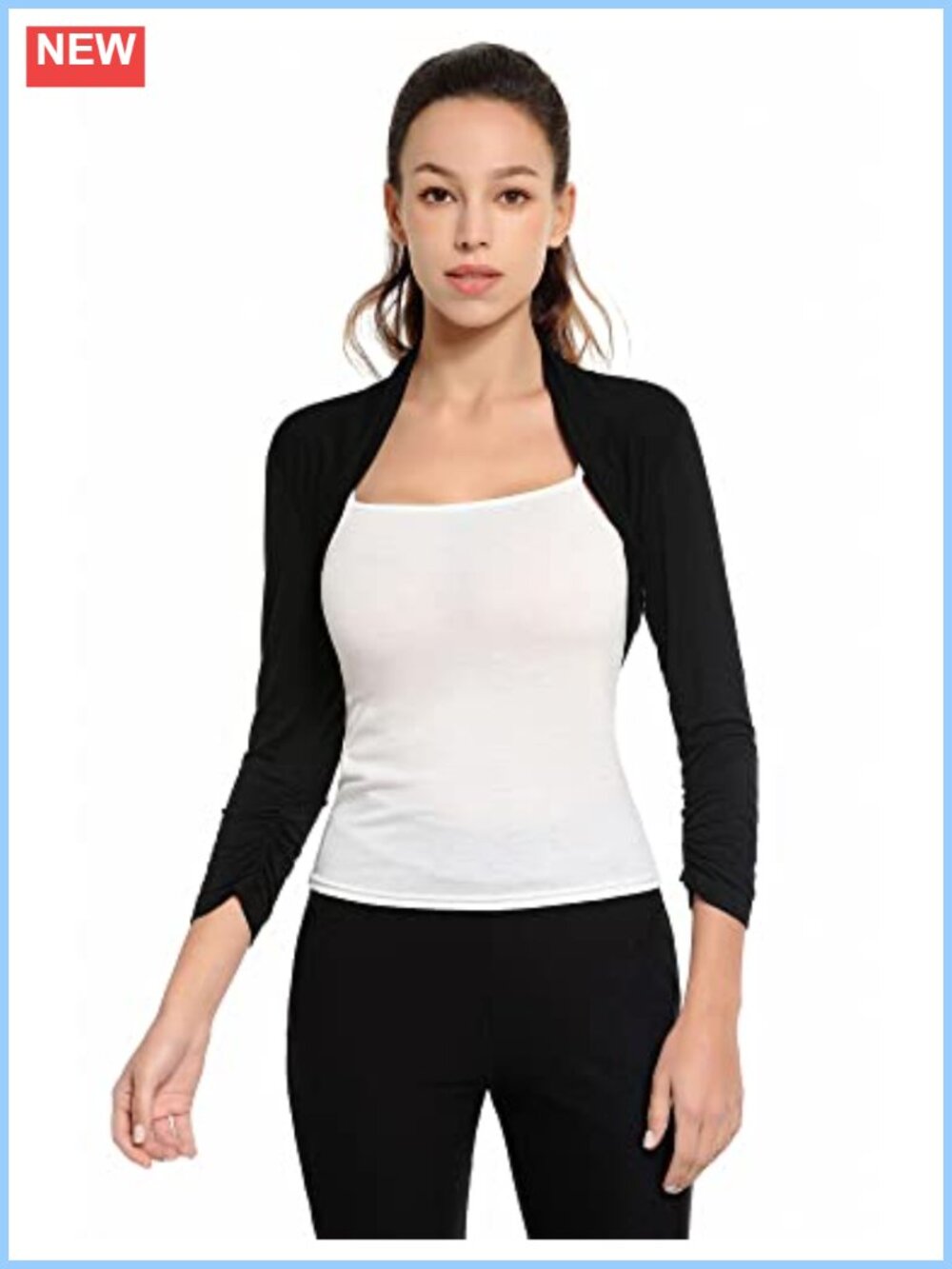 Women Ruched 3/4 Sleeve Bolero Cropped Cardigan Shrug Rayon Spandex